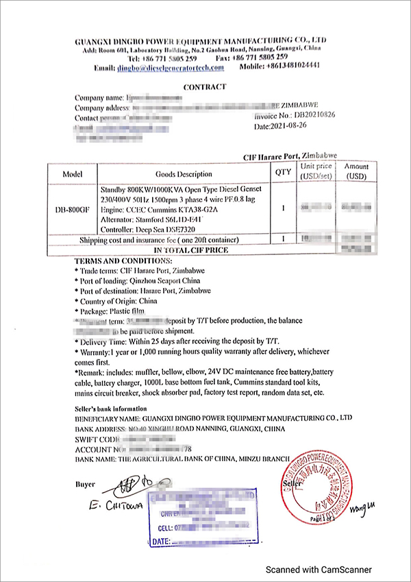 一臺800kw重慶康明斯柴油發(fā)電機組成功出口津巴布韋